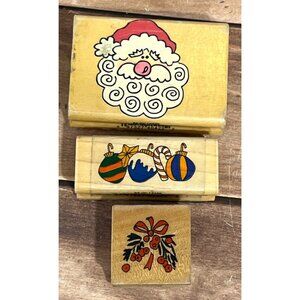 VINTAGE SET OF 3 WOOD MOUNT RUBBER STAMPS SANTA ORNAMENT MISTLETOE BY WESTWATER